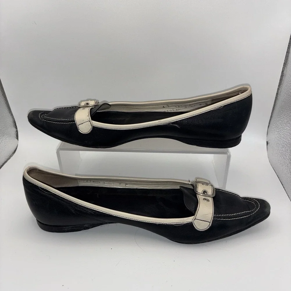 Vintage Coach Black Leather Buckle Loafers White Trim‎ Flats Size 8 B Italy